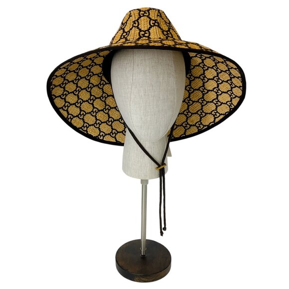 Gucci Mustard / Dark Brown Unisex GG Raffia Wide Brim Hat - Picture 1 of 11